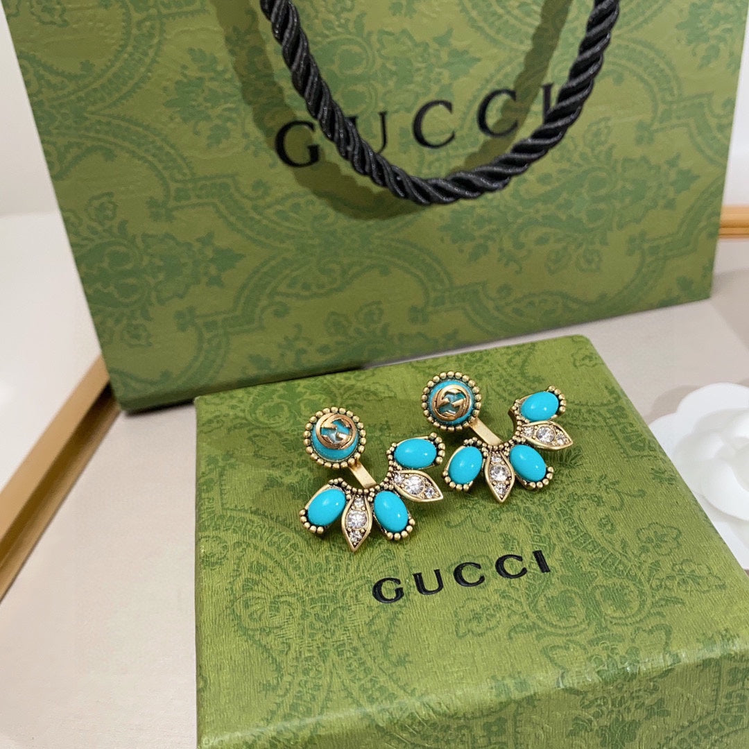 Gucci Double Blue Flowers 18K Gold Earrings product image 6, provided for visual reference and product detail review