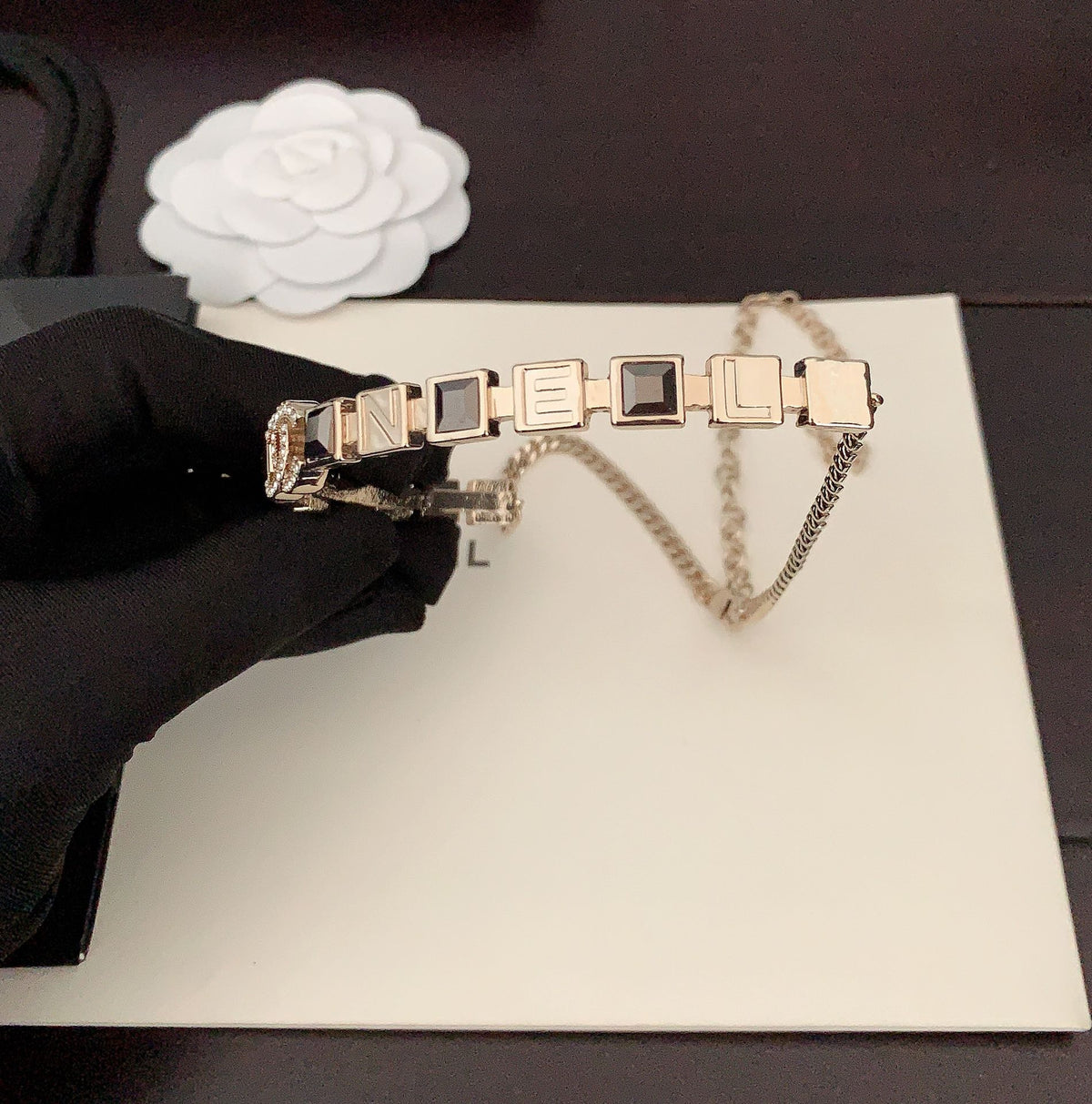 Chanel Gray Crystals 18K Gold Necklace product image 4, provided for visual reference and product detail review
