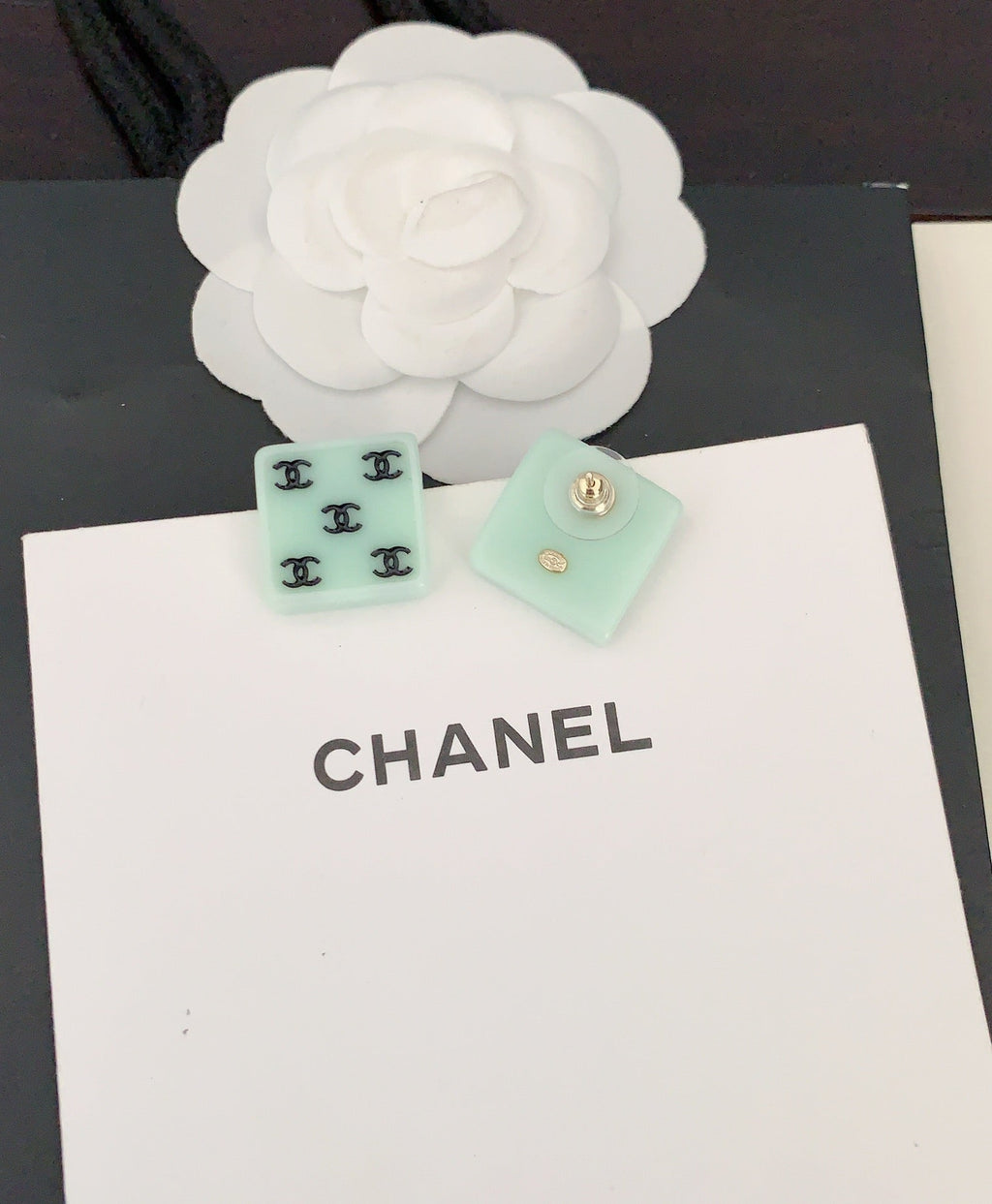 Chanel Green Resin 18K Gold Earrings product image 4, provided for visual reference and product detail review
