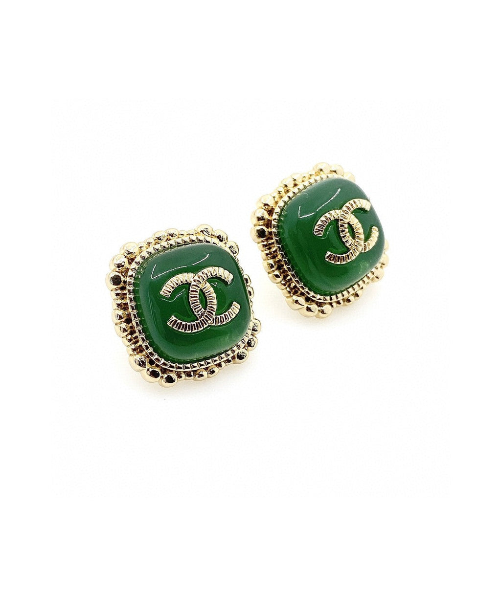 Chanel Green Square 18K Gold Earrings product image 4, provided for visual reference and product detail review