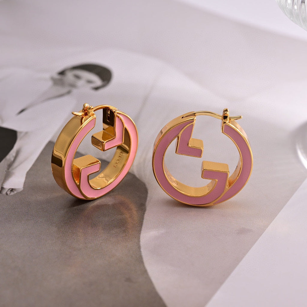 Gucci Double Pink Hollow 18K Gold Earrings product image 4, provided for visual reference and product detail review