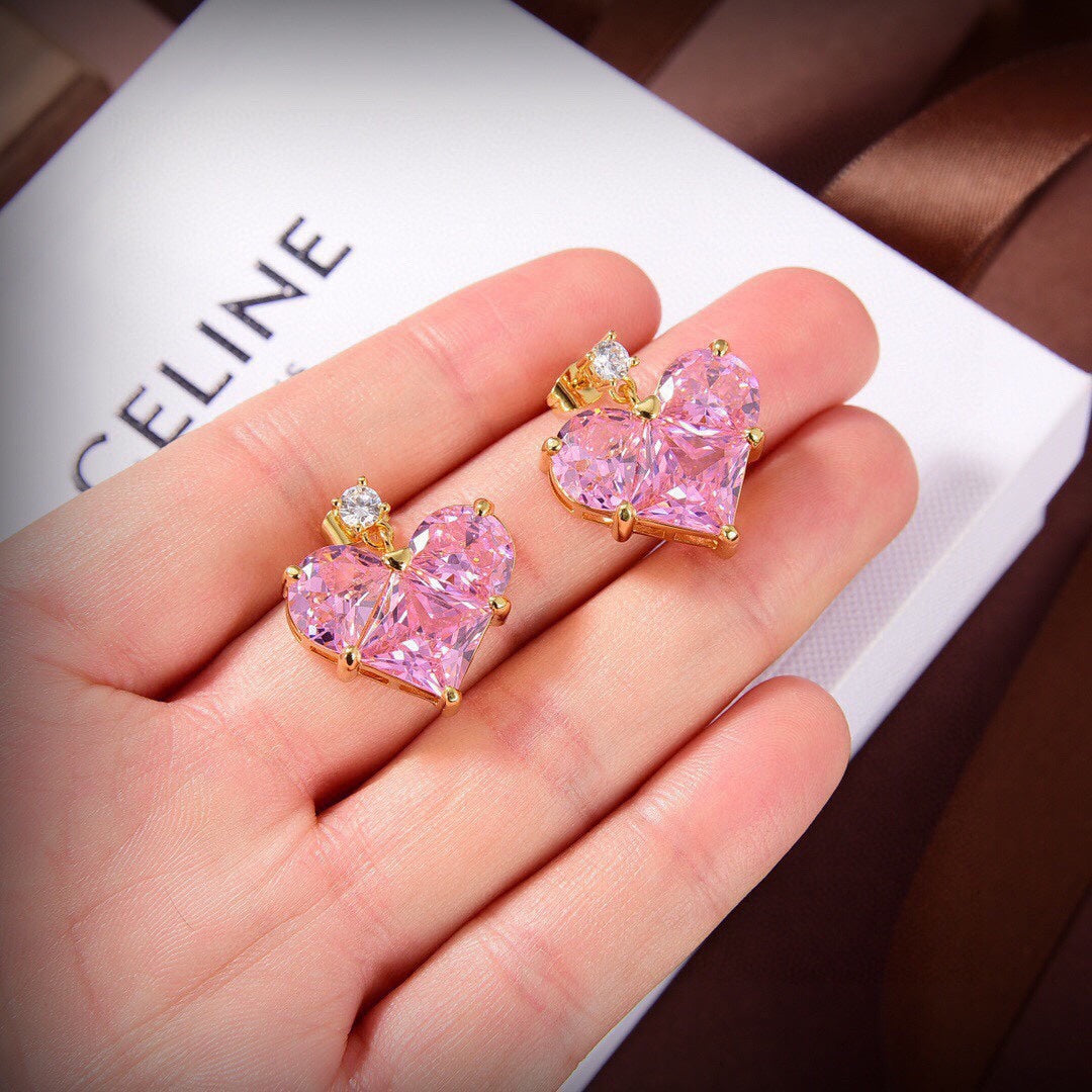 Celine Pink Crystal Heart 18K Gold Earrings product image 5, provided for visual reference and product detail review