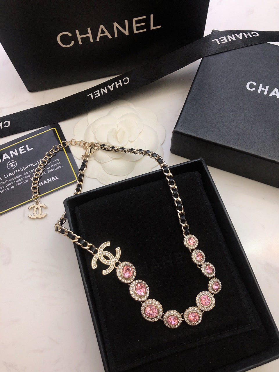 Chanel Pink Crystals Leather 18K Gold Necklace product image 6, provided for visual reference and product detail review