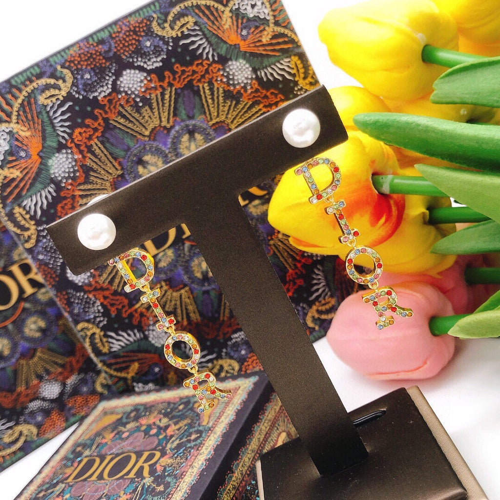 Dior Color Crystal Script 18K Gold Earrings product image 4, provided for visual reference and product detail review