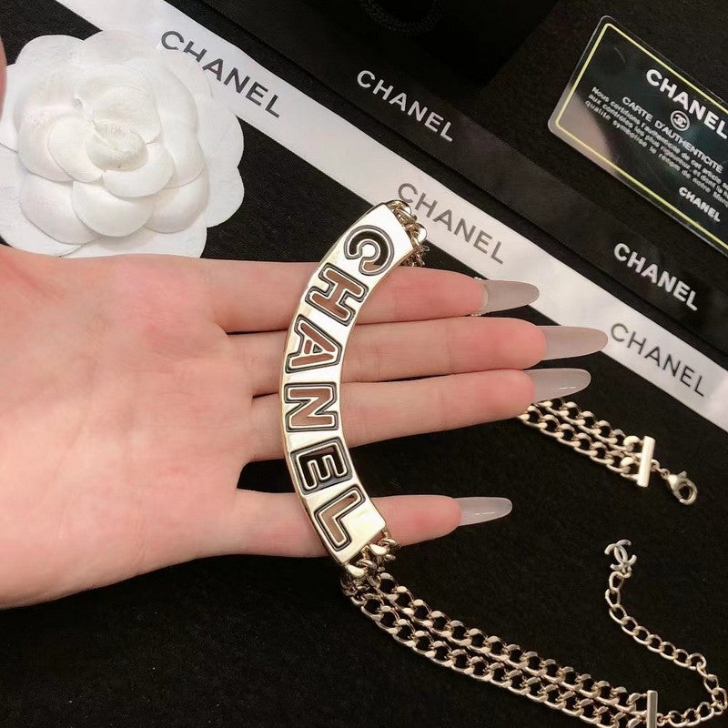 Chanel White Logo Choker 18K Gold Necklace product image 5, provided for visual reference and product detail review