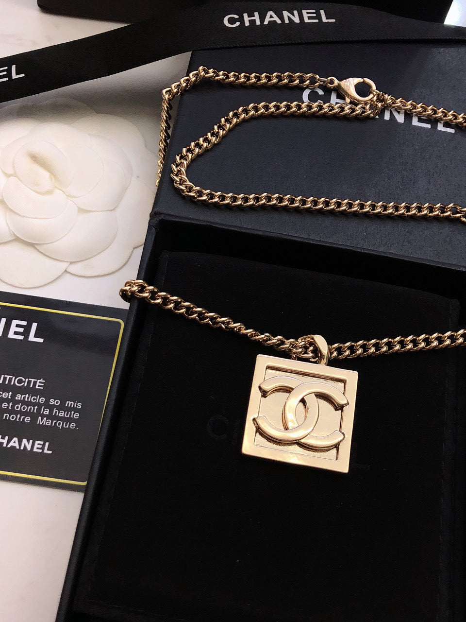 Chanel Square Logo 18K Gold Necklace product image 3, provided for visual reference and product detail review