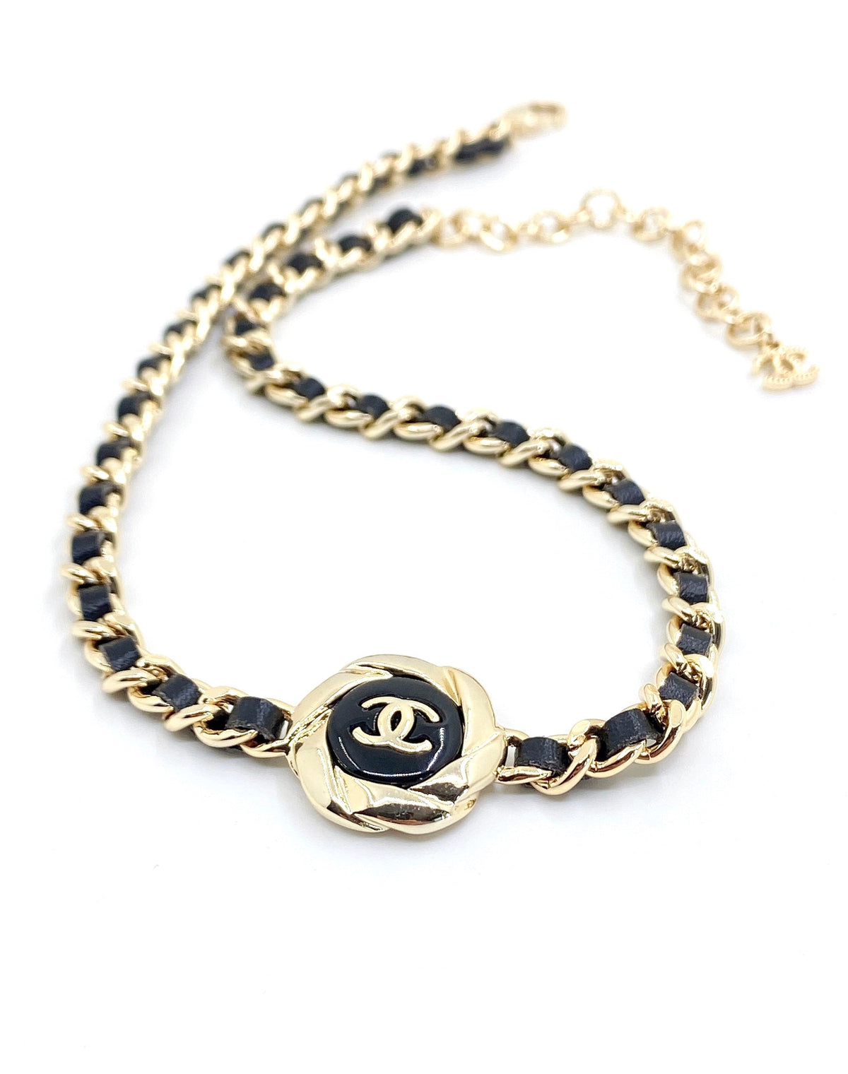 Chanel Rhinestone Leather Choker 18K Gold Necklace product image 5, provided for visual reference and product detail review