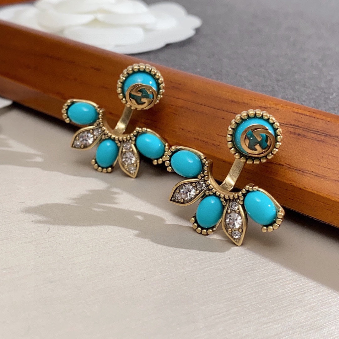Gucci Double Blue Flowers 18K Gold Earrings product image 7, provided for visual reference and product detail review
