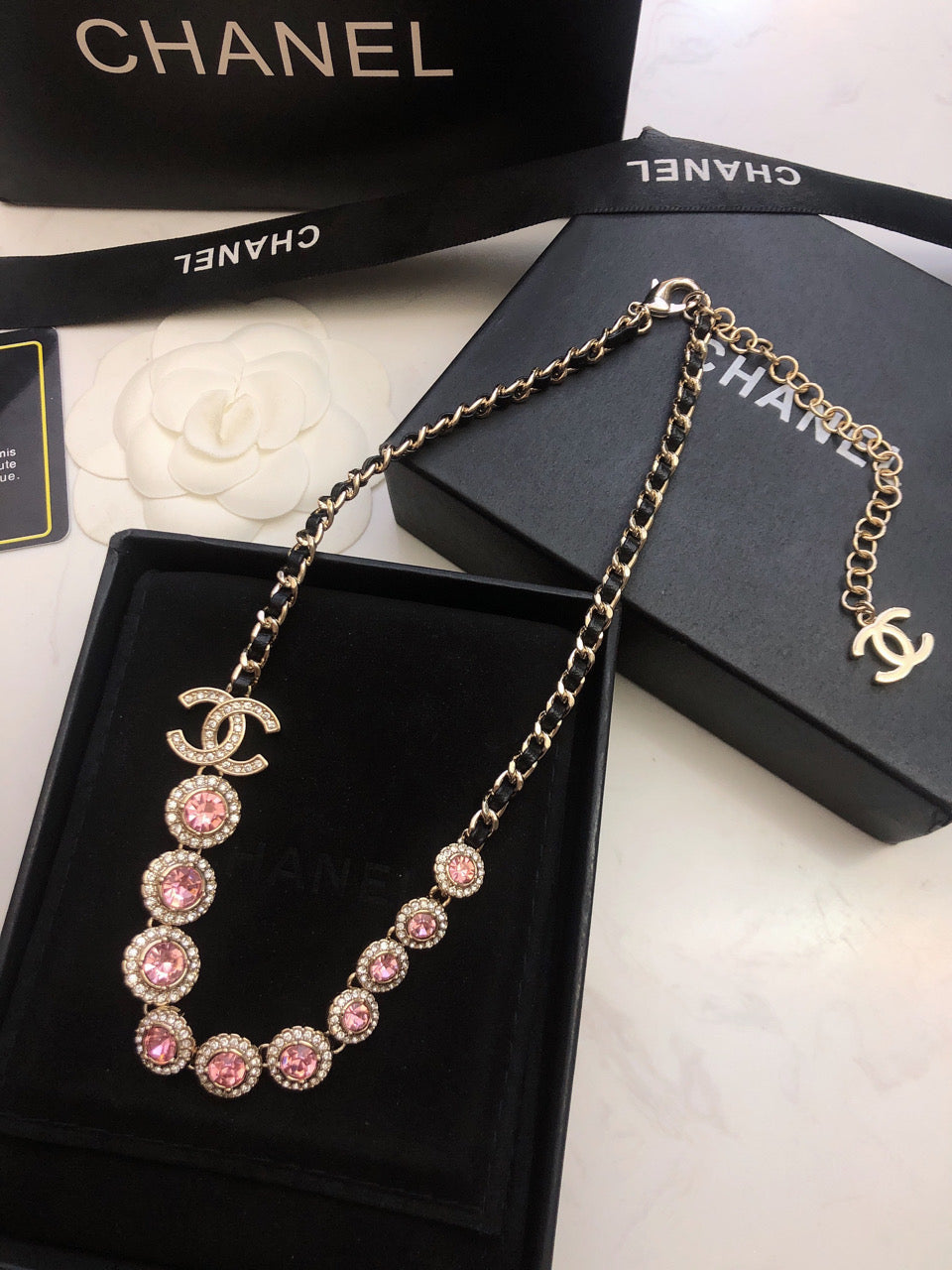 Chanel Pink Crystals Leather 18K Gold Necklace product image 7, provided for visual reference and product detail review