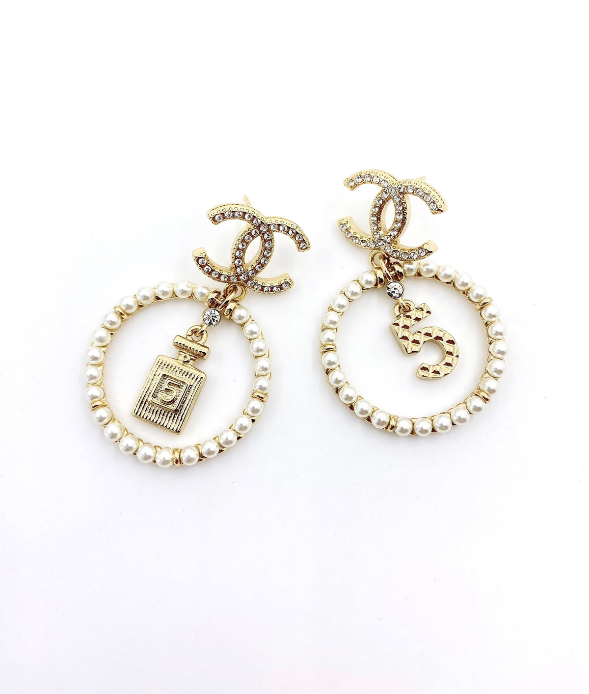 Chanel No. 5 Perfume Pendant 18K Gold Earrings product image 5, provided for visual reference and product detail review