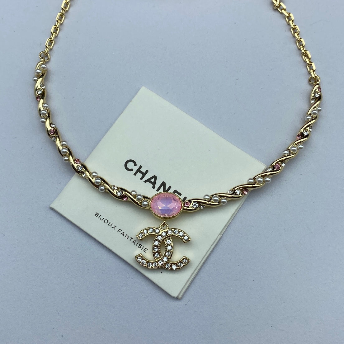 Chanel Pink Crystal 18K Gold Necklace product image 11, provided for visual reference and product detail review