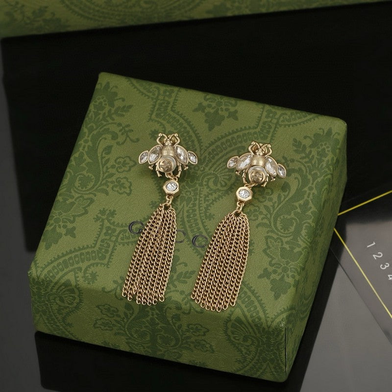 Gucci Double Bee Tassel Crystal 18K Gold Earrings product image 6, provided for visual reference and product detail review