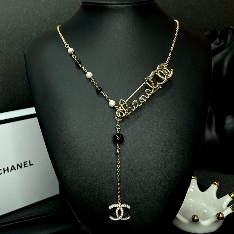 Chanel Rhinestone Pearl Letter 18K Gold Necklace product image 6, provided for visual reference and product detail review