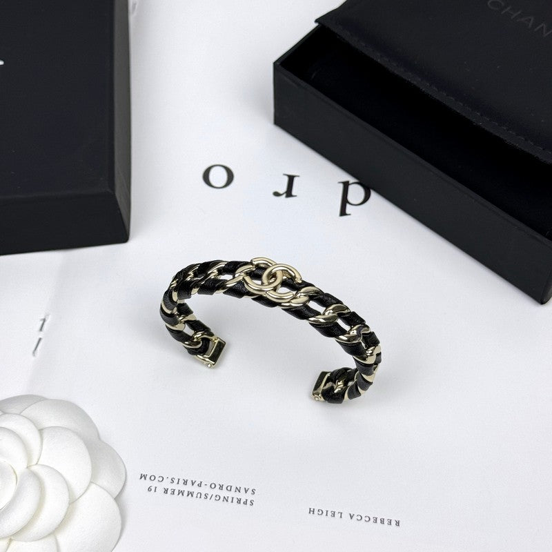 Chanel 26C Black Leather Cuff 18K Gold Bracelet product image 5, provided for visual reference and product detail review