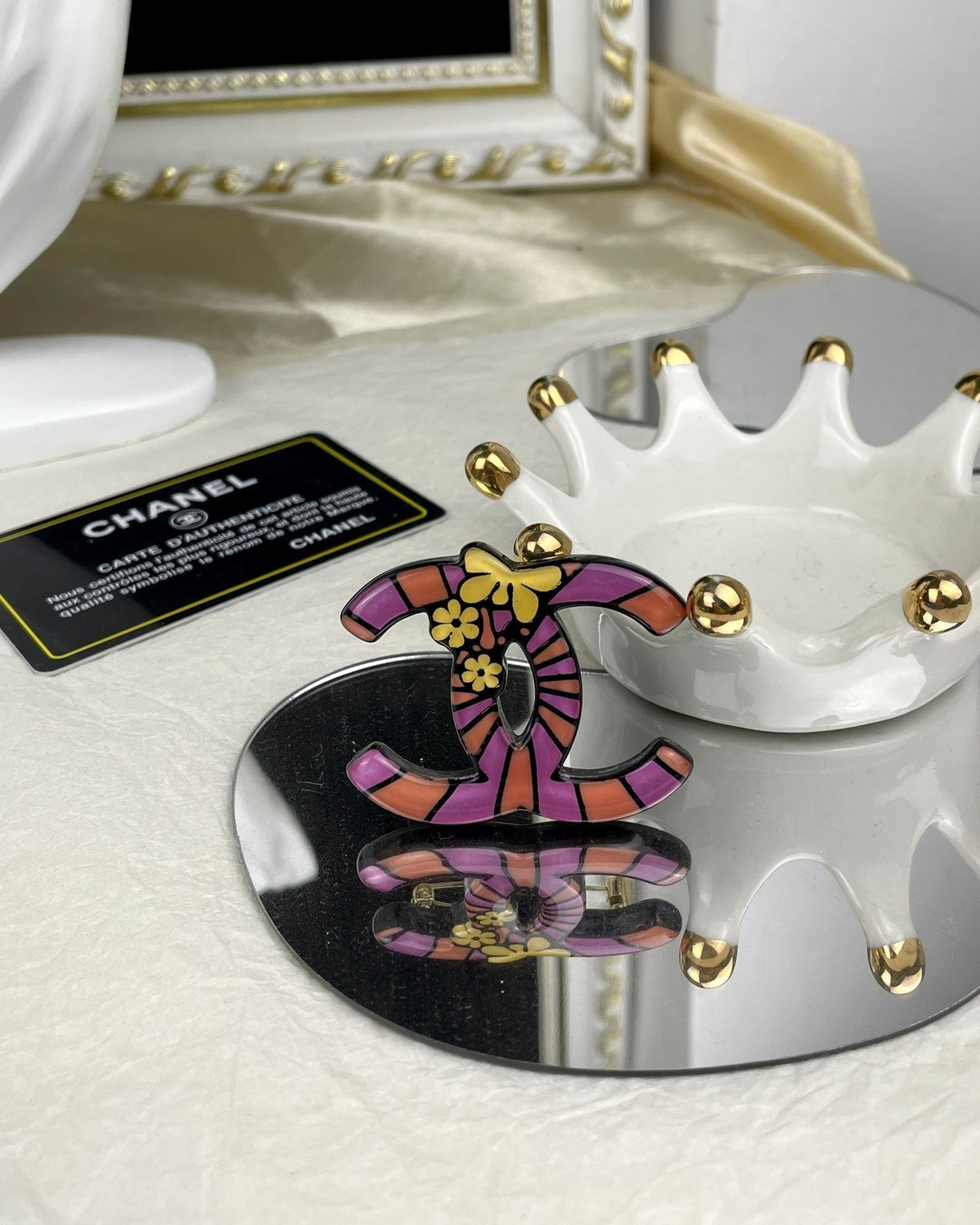 Chanel Pink Resin 18K Gold Brooch product image 6, provided for visual reference and product detail review
