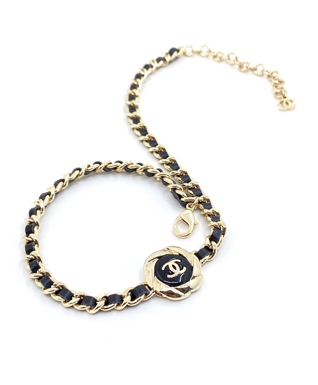 Chanel Rhinestone Leather Choker 18K Gold Necklace product image 6, provided for visual reference and product detail review
