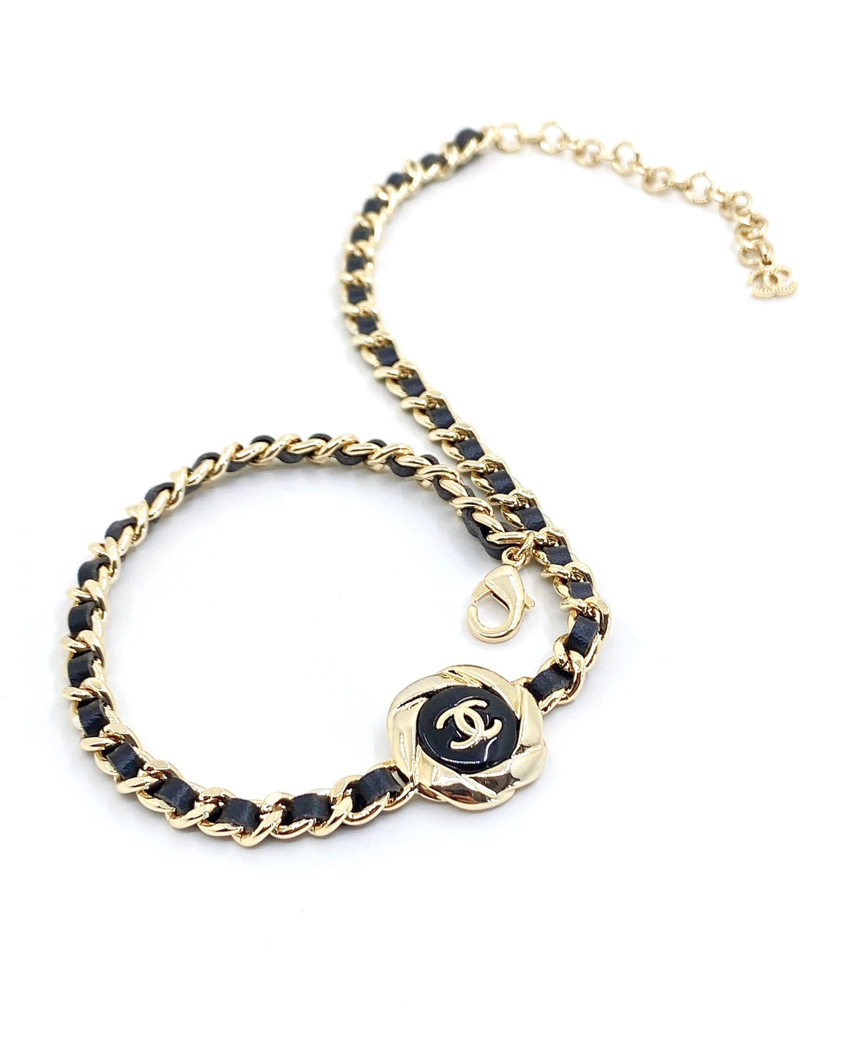 Chanel Rhinestone Leather Choker 18K Gold Necklace product image 6, provided for visual reference and product detail review