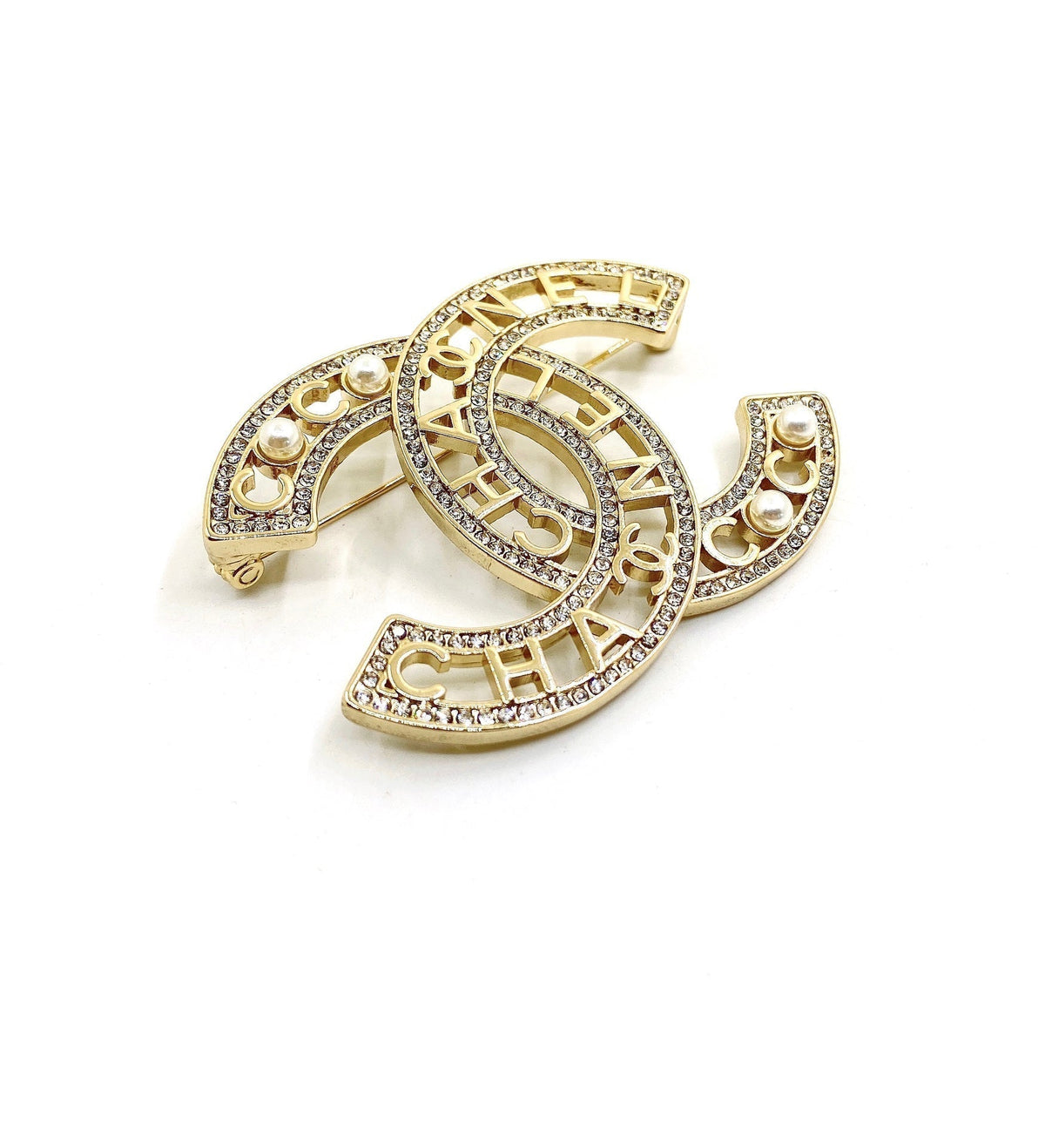 Chanel Script Diamonds 18K Gold Brooch product image 3, provided for visual reference and product detail review