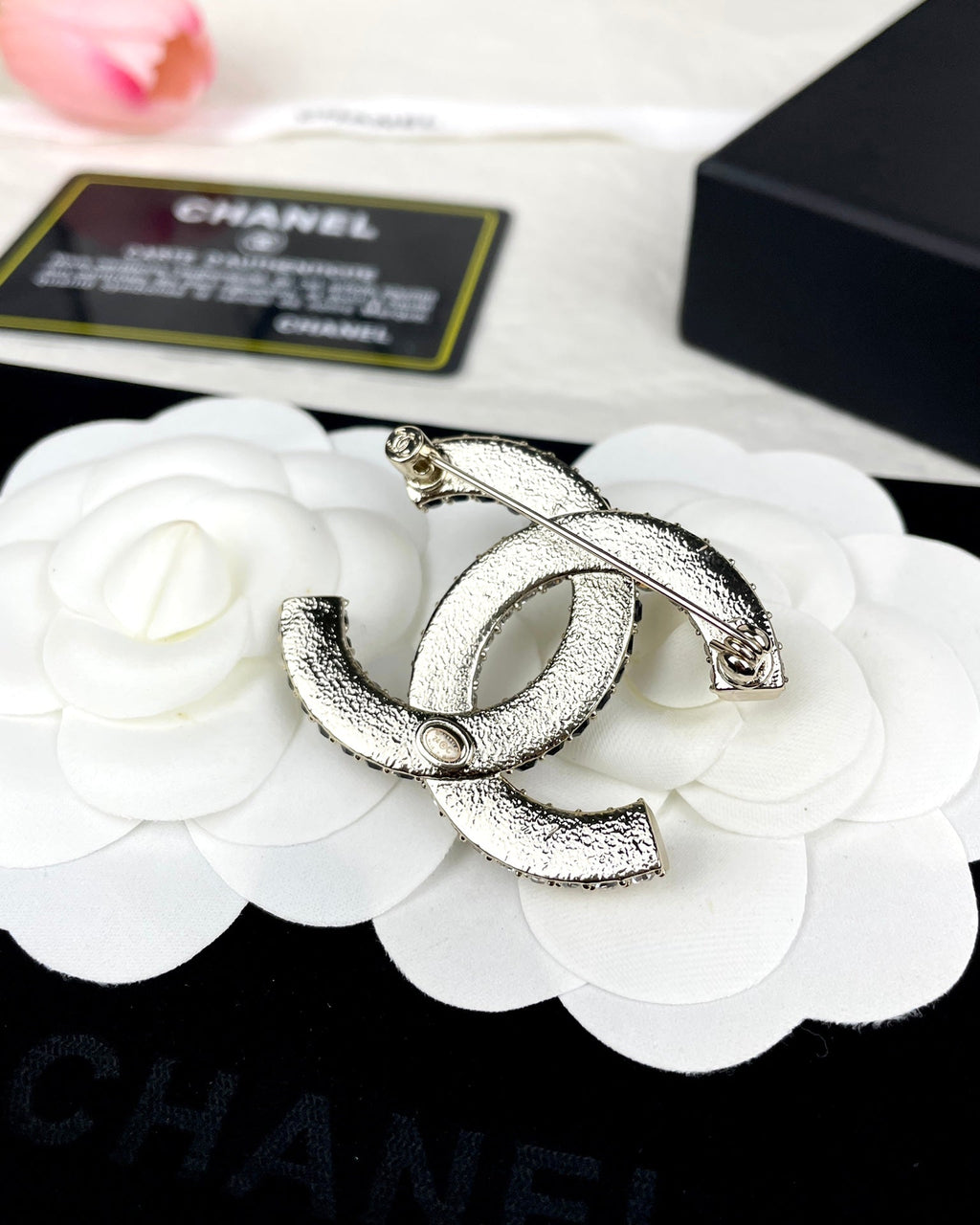 Chanel Black & White Crystals 18K Gold Brooch product image 3, provided for visual reference and product detail review