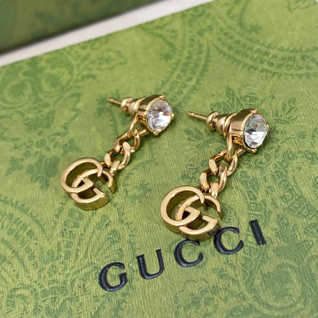 Gucci Double Crystal Chain 18K Gold Earrings product image 1, provided for visual reference and product detail review