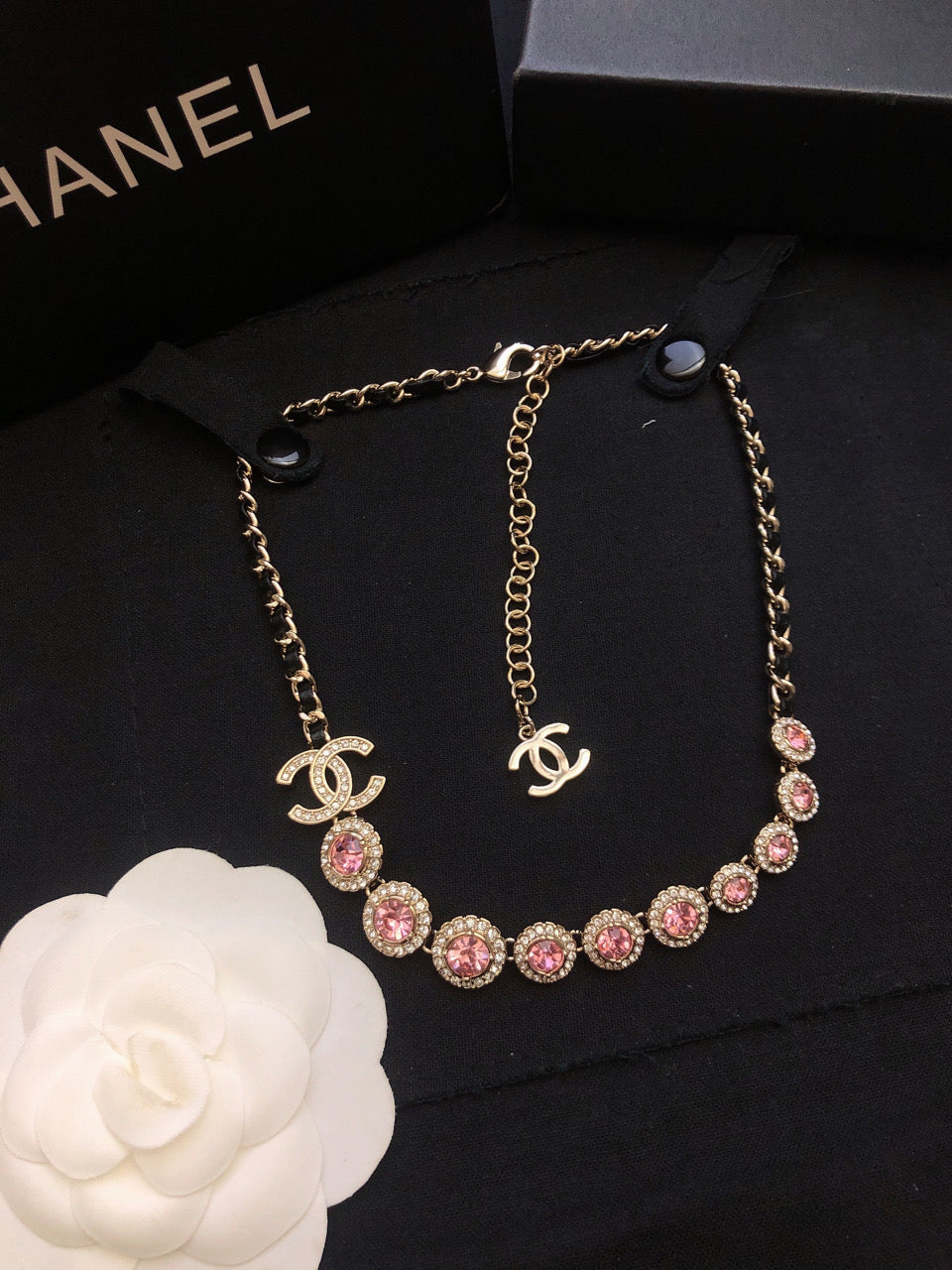 Chanel Pink Crystals Leather 18K Gold Necklace product image 9, provided for visual reference and product detail review
