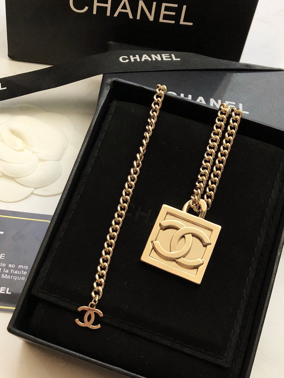 Chanel Square Logo 18K Gold Necklace product image 5, provided for visual reference and product detail review