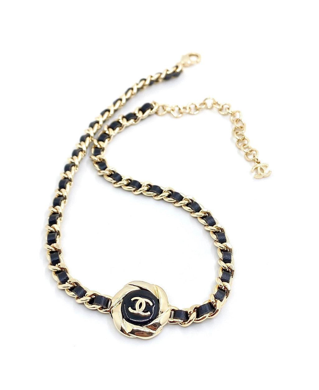 Chanel Rhinestone Leather Choker 18K Gold Necklace product image 7, provided for visual reference and product detail review