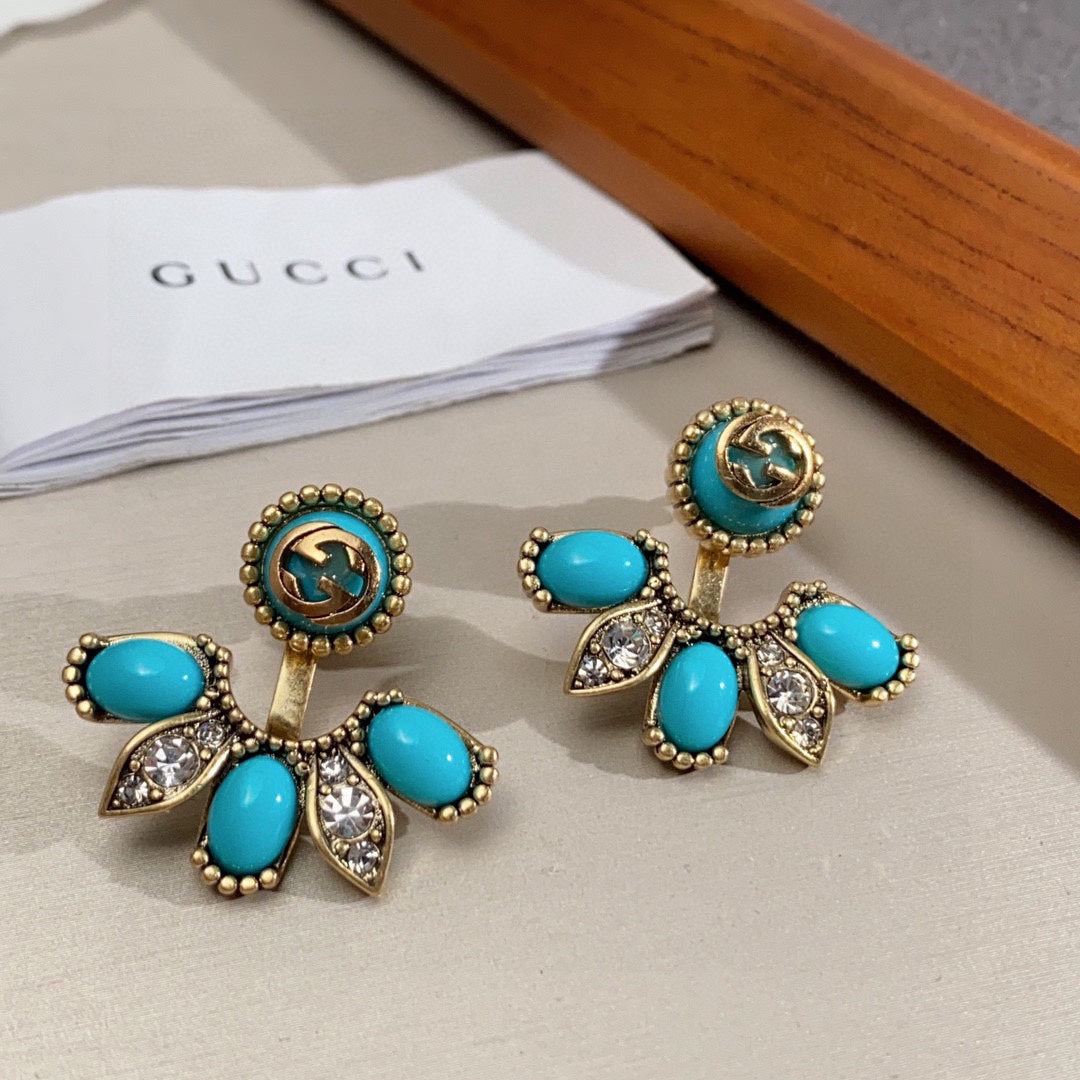 Gucci Double Blue Flowers 18K Gold Earrings product image 1, provided for visual reference and product detail review