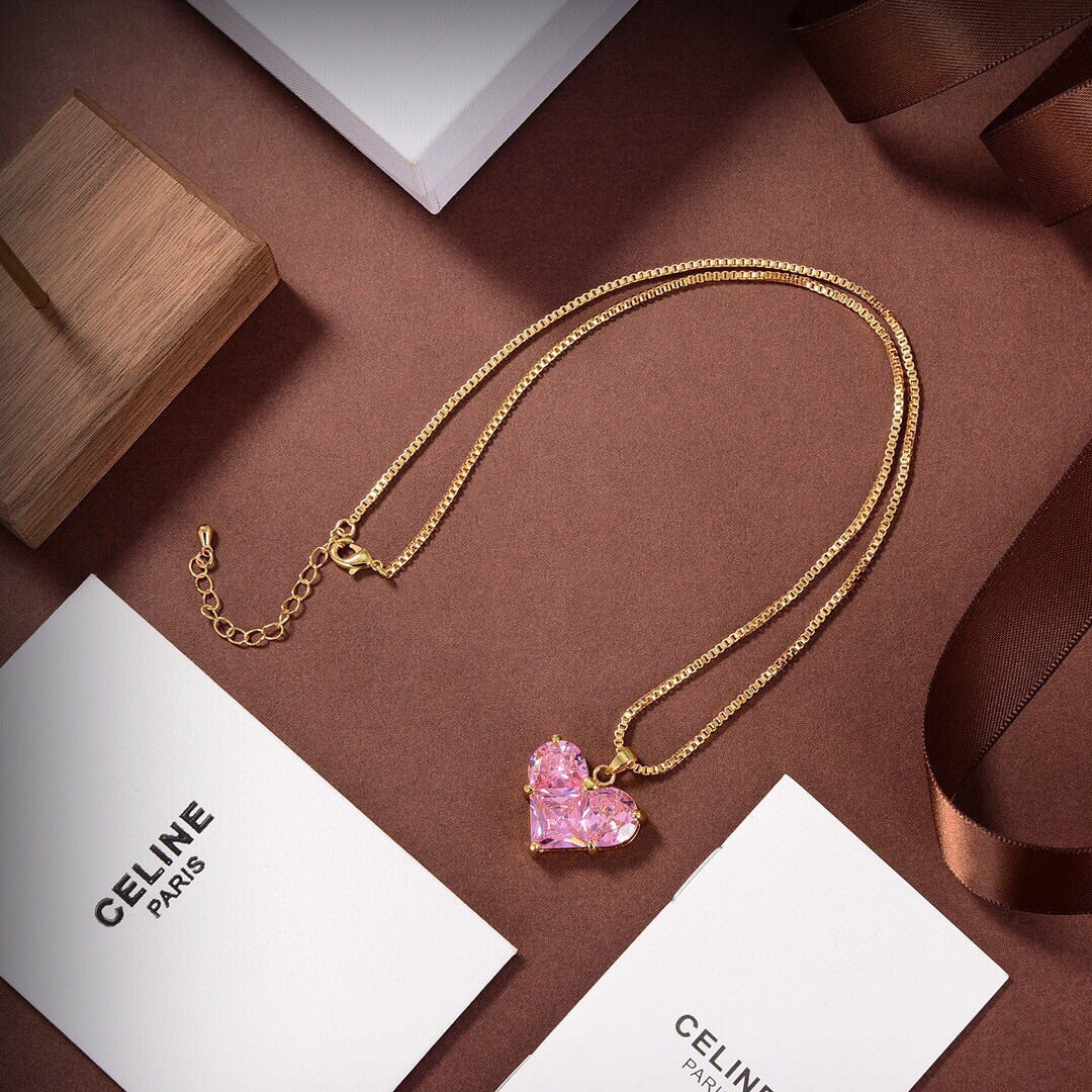 Celine Pink Heart Crystal 18K Gold Necklace product image 8, provided for visual reference and product detail review