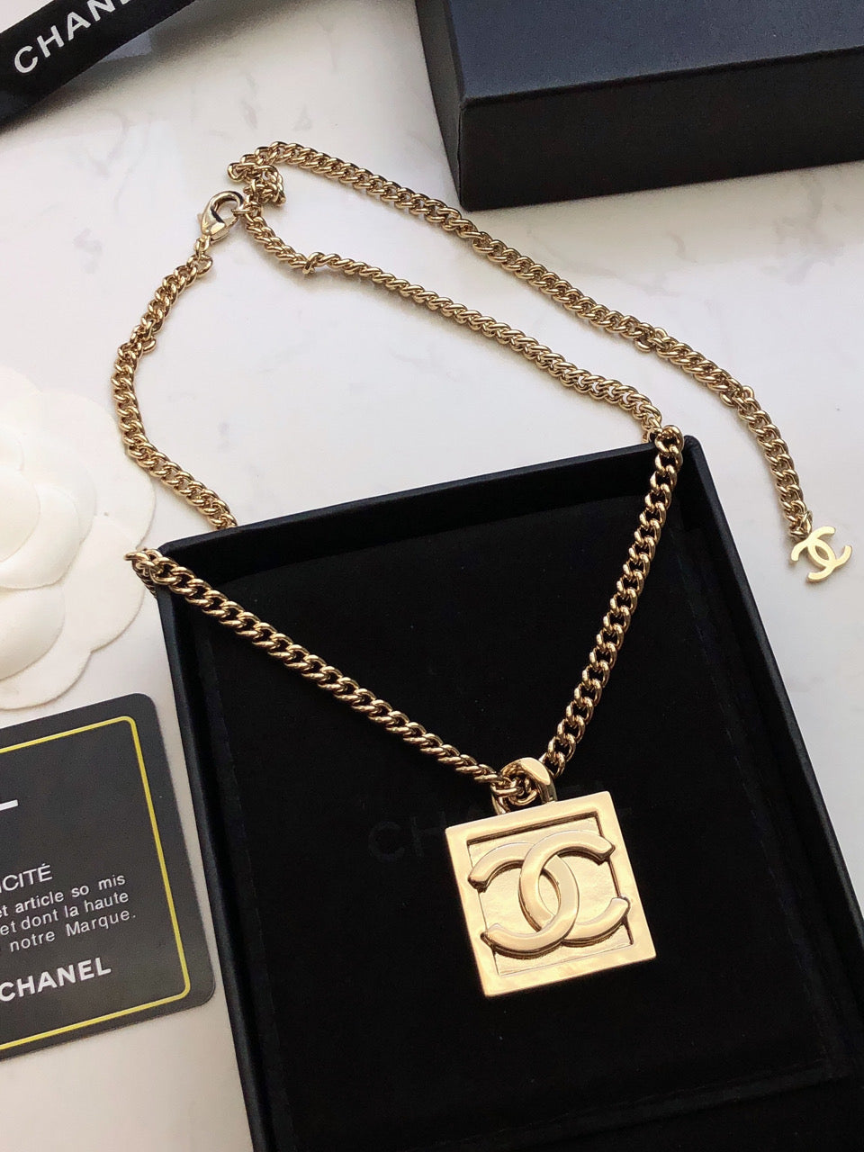 Chanel Square Logo 18K Gold Necklace product image 6, provided for visual reference and product detail review