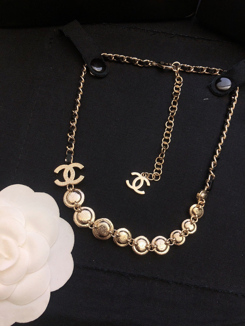 Chanel Pink Crystals Leather 18K Gold Necklace product image 4, provided for visual reference and product detail review