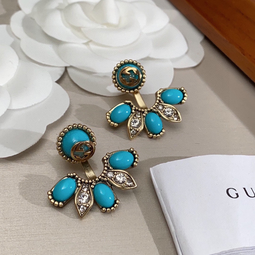 Gucci Double Blue Flowers 18K Gold Earrings product image 4, provided for visual reference and product detail review