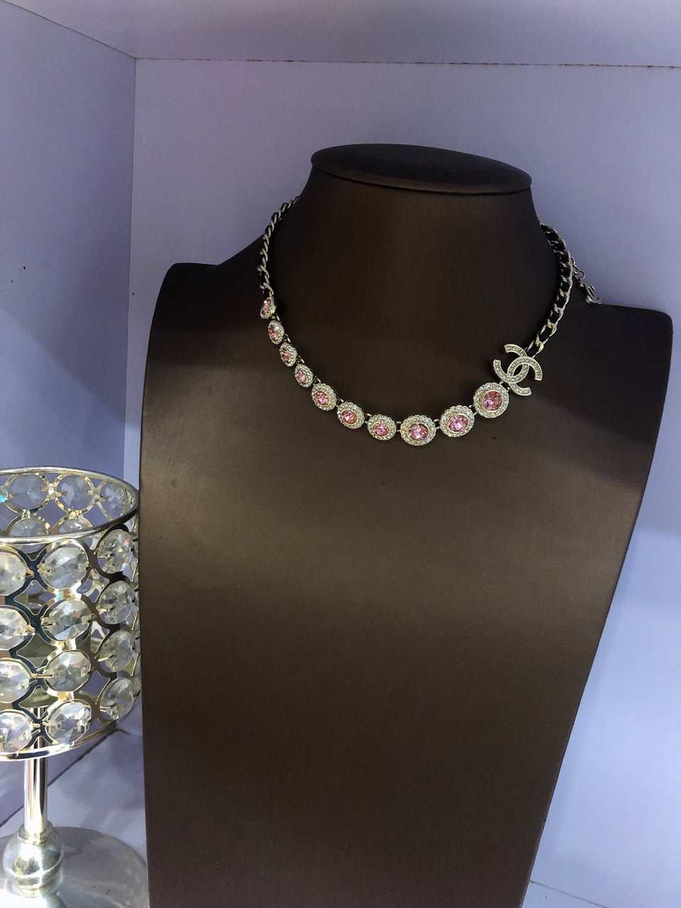 Chanel Pink Crystals Leather 18K Gold Necklace product image 2, provided for visual reference and product detail review