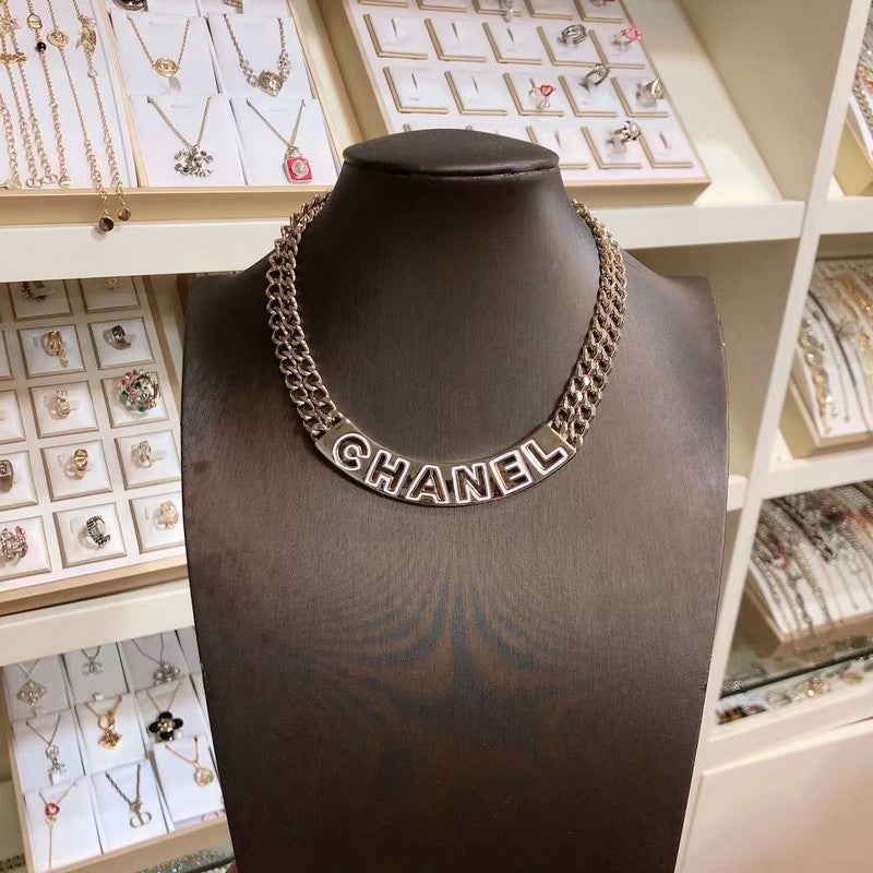 Chanel White Logo Choker 18K Gold Necklace product image 2, provided for visual reference and product detail review