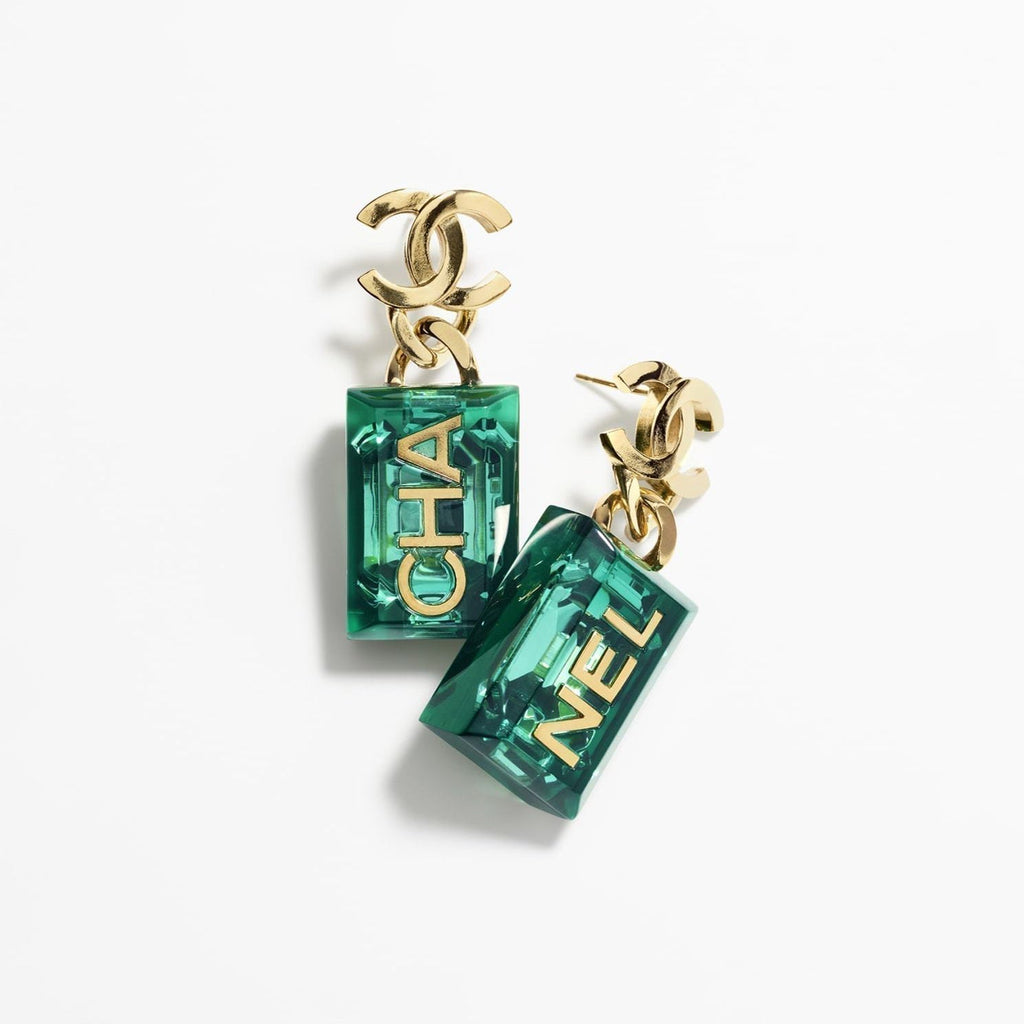 Chanel Green Perfume Bottle 18K Gold Earrings product image 1, provided for visual reference and product detail review