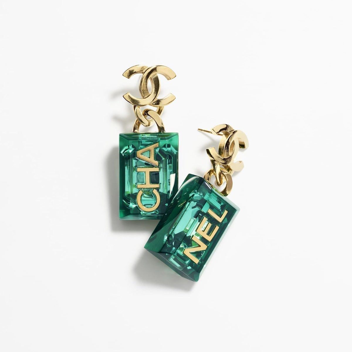 Chanel Green Perfume Bottle 18K Gold Earrings product image 1, provided for visual reference and product detail review